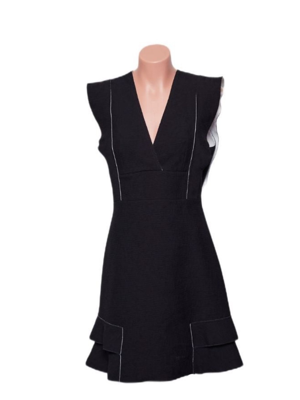 Sandro Black V-Neck Midi Dress with Contrast Piping